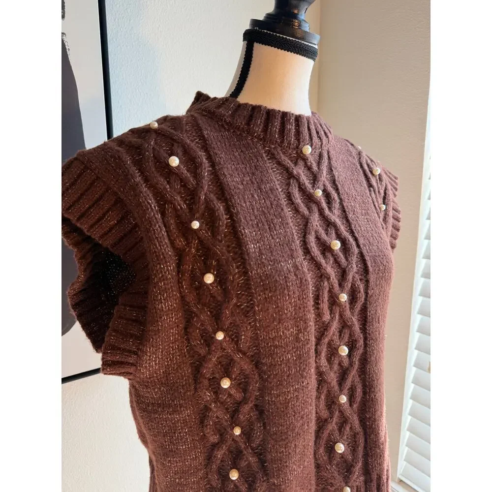 OntWelfth Metallic Knit Sleeveless Sweater Vest with Pearls – Brown Shimmer, XL - Picture 6 of 15